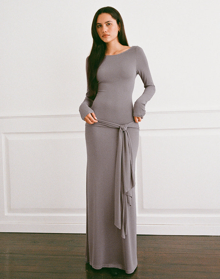 Image of Zeya Maxi Dress in Cupro Taupe Grey